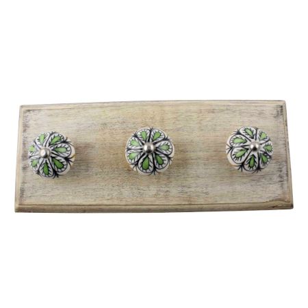 Pea Green Ceramic Floral Wooden Hook